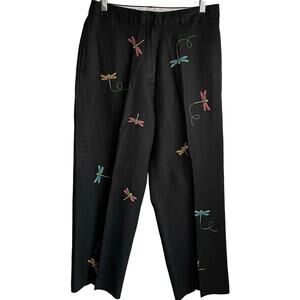 Jillian Jones 100% Linen Ankle Pants Sz 8 Embroidered Dragonfly Summer Novelty